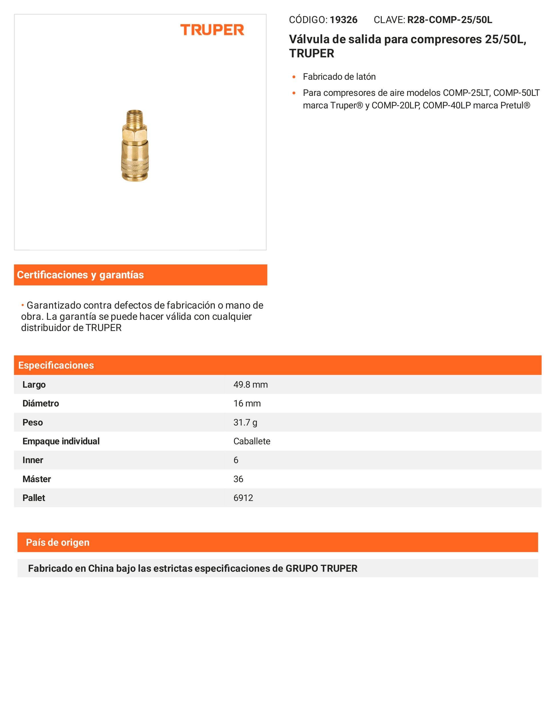Ficha tecnica - Valvula de salida para compresores 25/50L - SKU 19326
