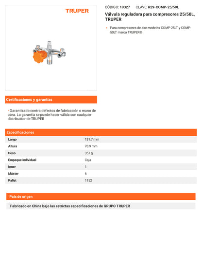 Ficha tecnica - Valvula reguladora para compresores 25/50L - SKU 19327