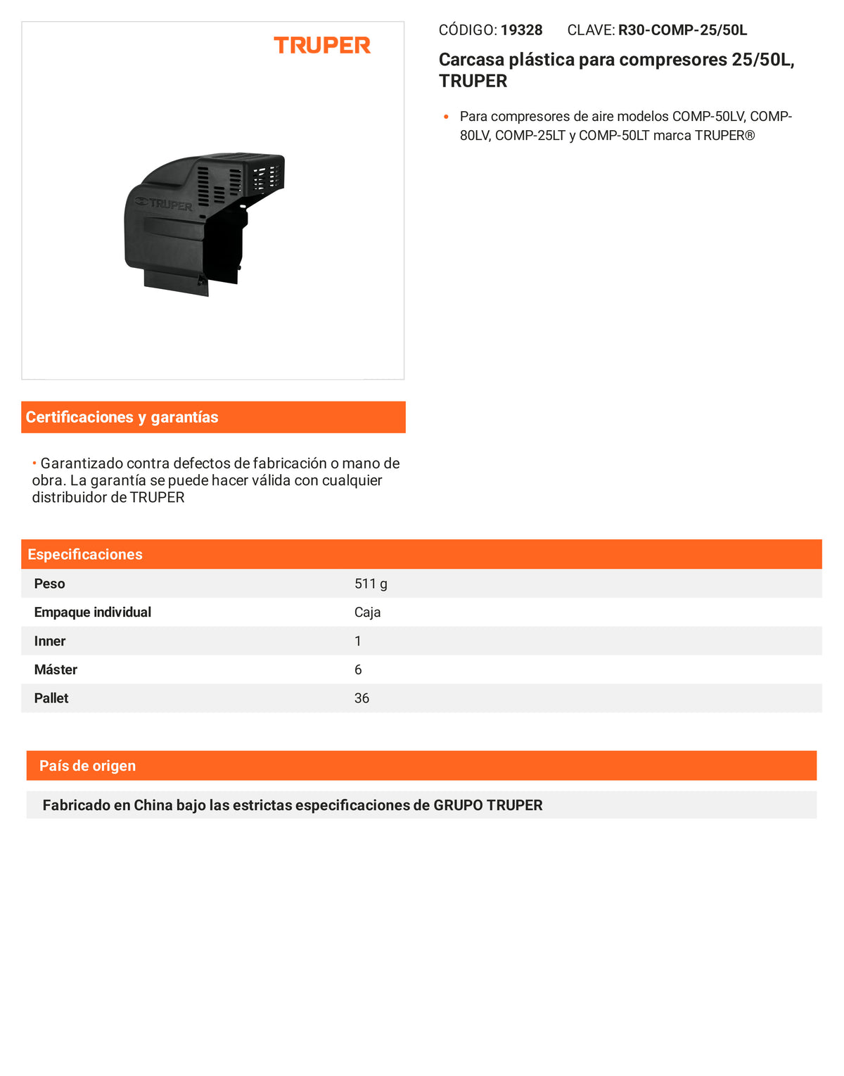 Ficha tecnica - Carcasa plastica para compresores 25/50L - SKU 19328