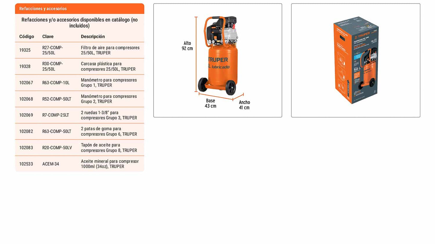 Compresor lubricado 50 L vertical 3-1/2 HP