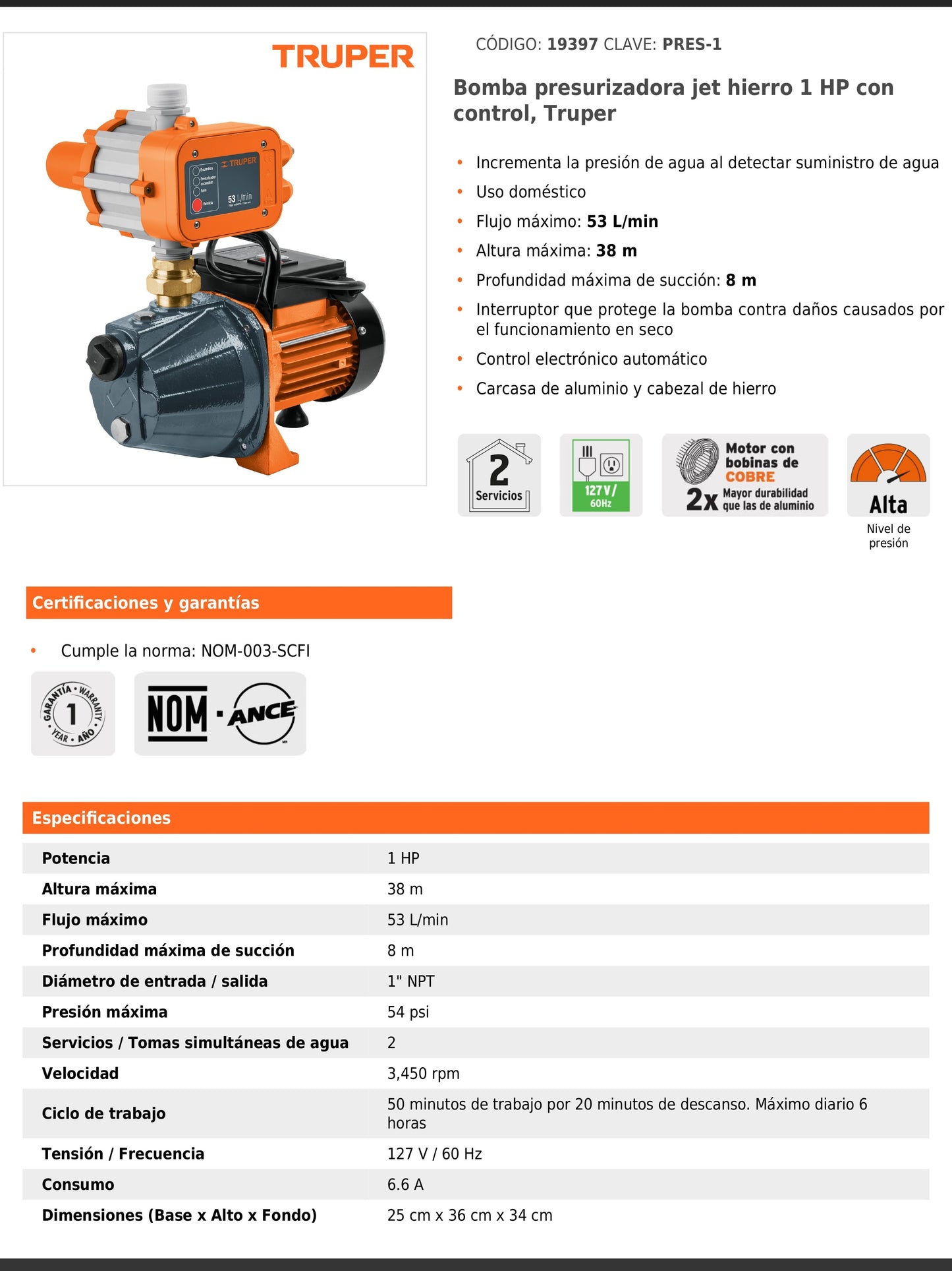 Bomba presurizadora jet de hierro de 1 HP con control