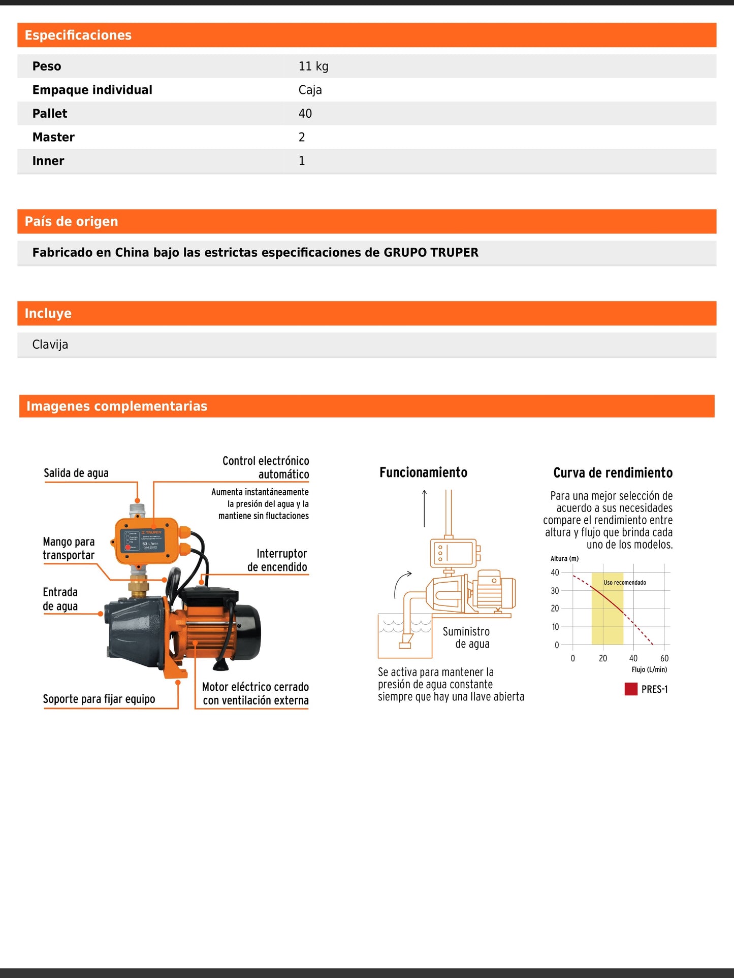 Bomba presurizadora jet de hierro de 1 HP con control