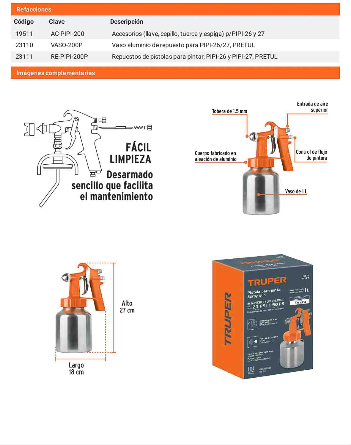 Pistola baja presión naranja entrada superior