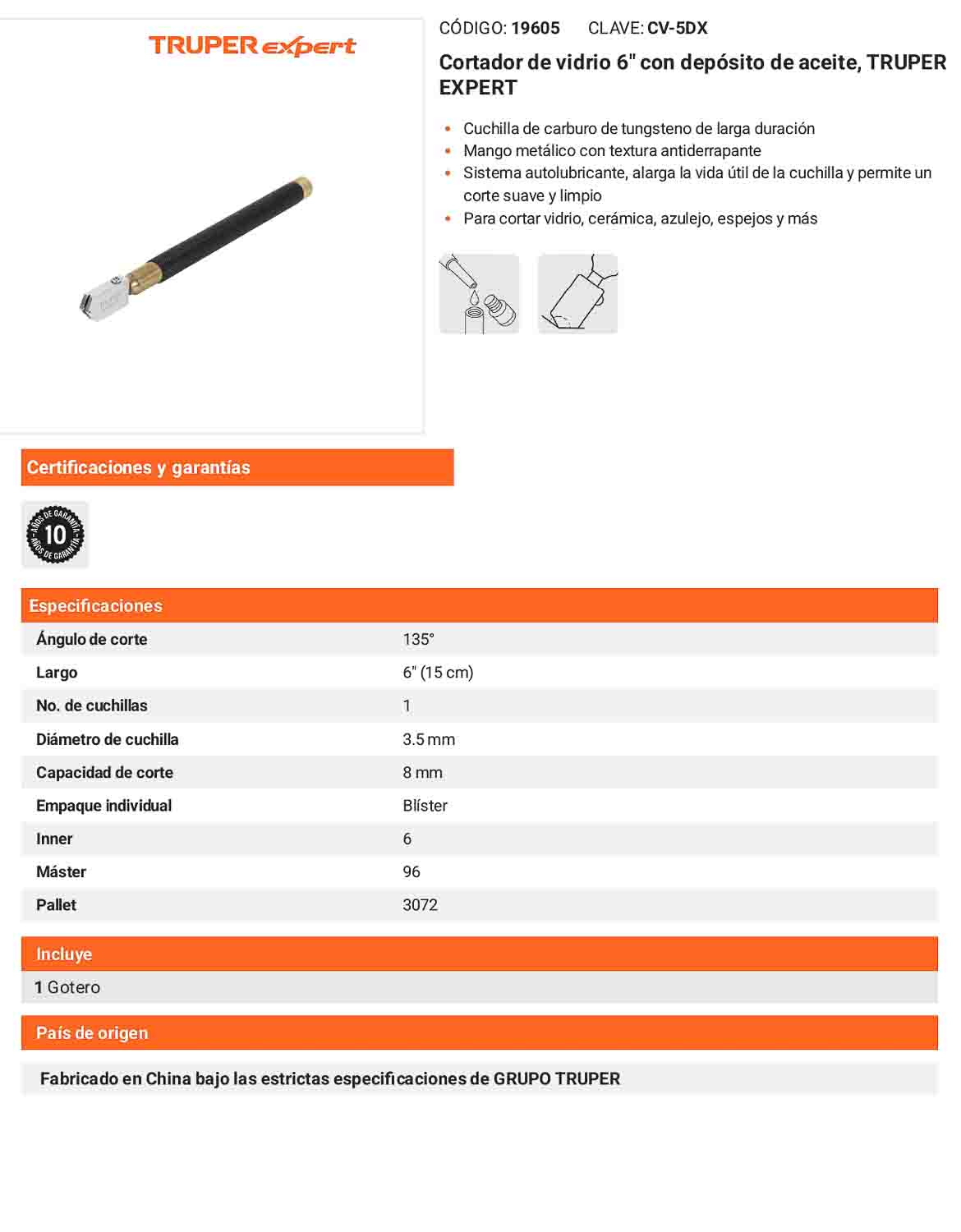 Cortador de vidrio 6 pulg. con deposito aceite