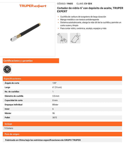 Cortador de vidrio 6 pulg. con deposito aceite