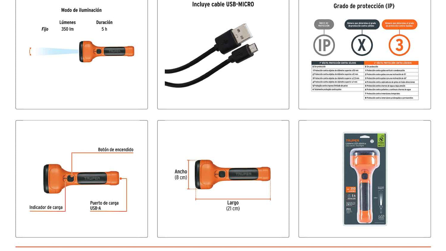 Linterna plástica LED 350 lm recargable