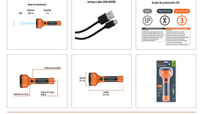 Linterna plástica LED 350 lm recargable
