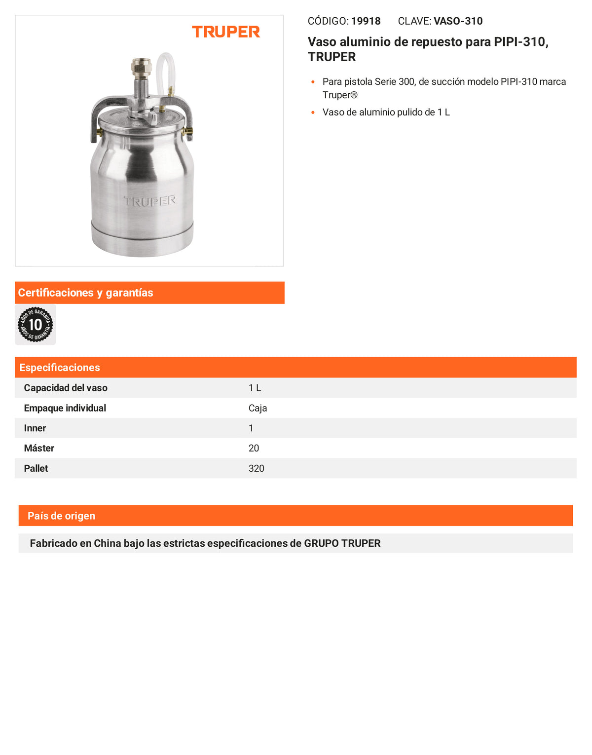 Ficha tecnica - Vaso aluminio para PIPI-310 - SKU 19918