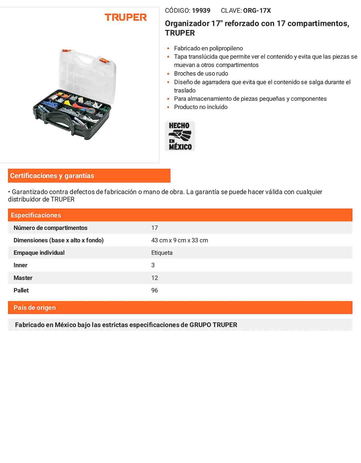 Organizador 17" reforzado con 17 compartimentos
