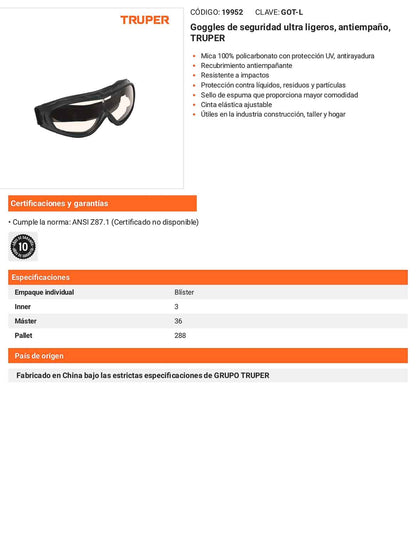 Lentes de Seguridad Ultraligeros Antiempáño