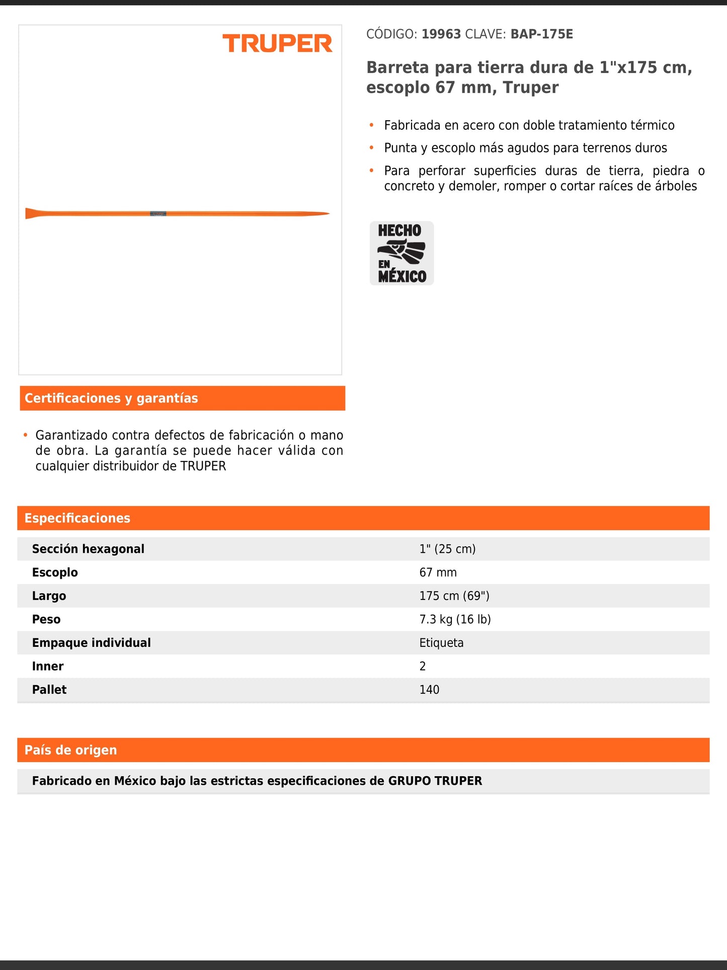 Barreta para tierra dura de 1 in y 175 cm con escoplo de 67 mm