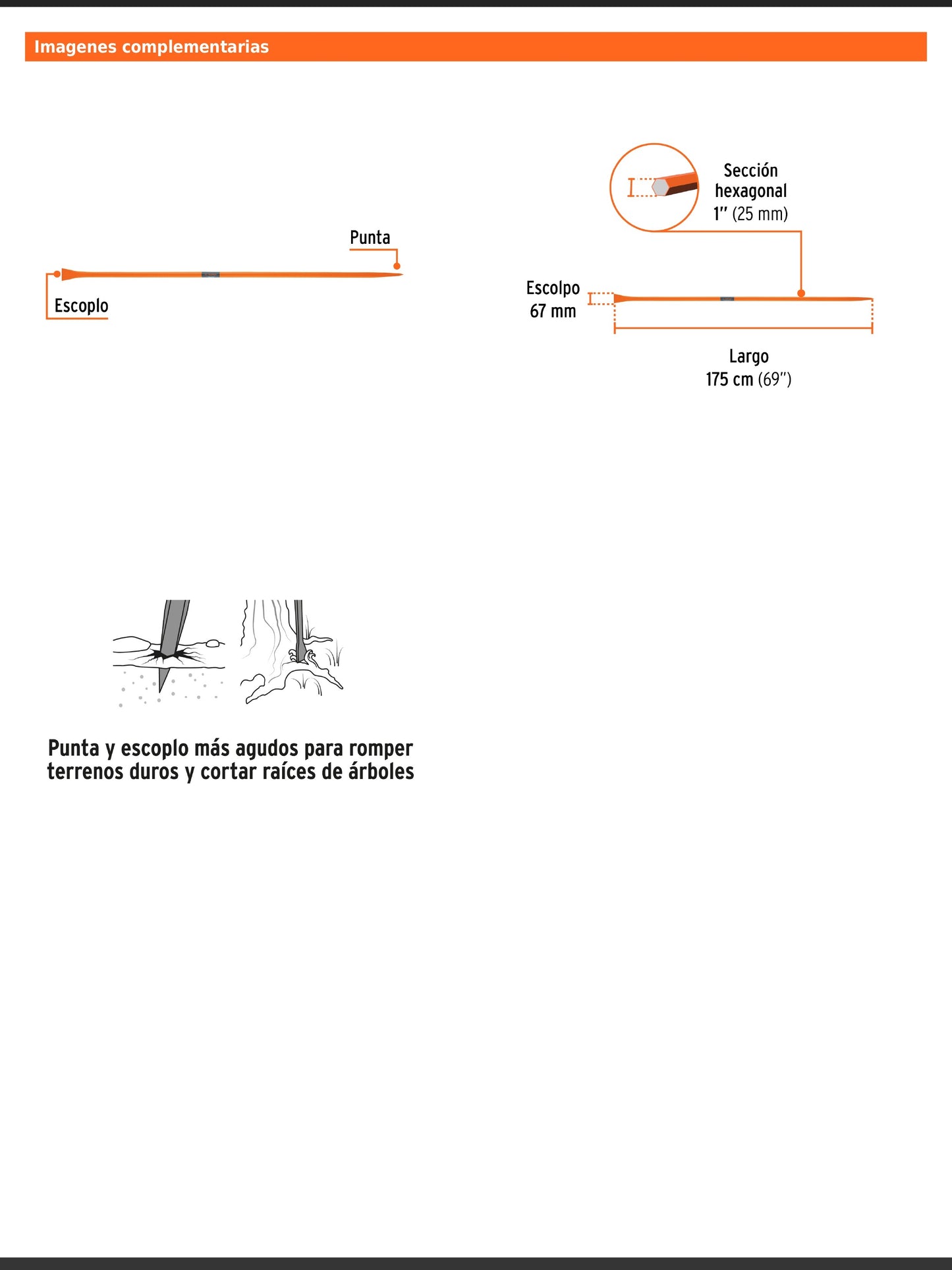 Barreta para tierra dura de 1 in y 175 cm con escoplo de 67 mm
