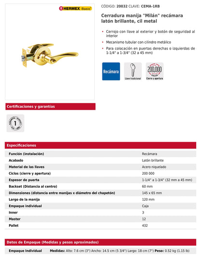 Cerradura manija recámara de latón brillante con cilindro metálico