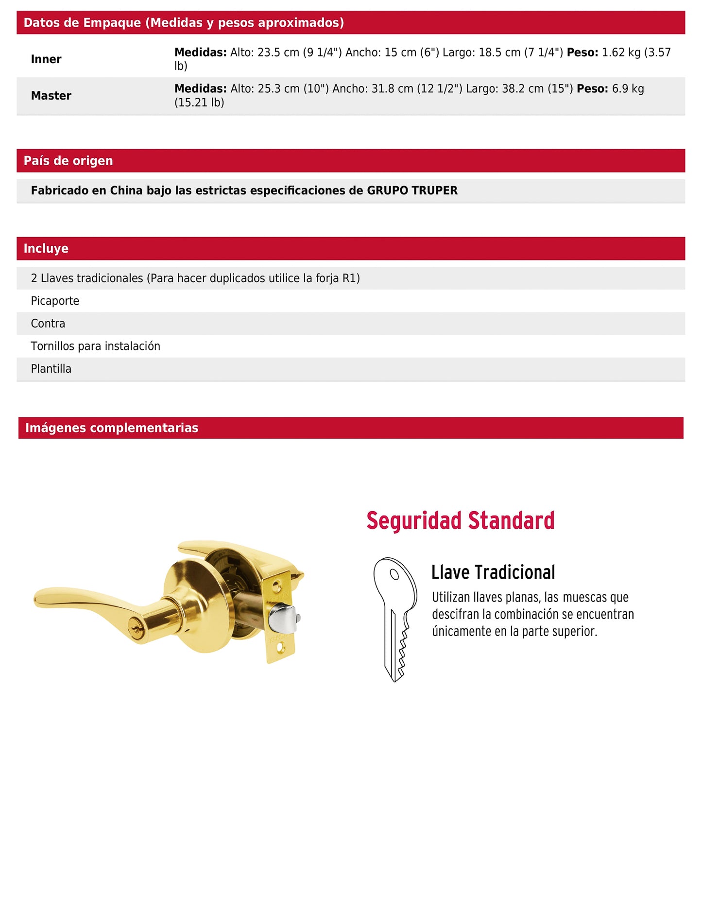 Cerradura manija recámara de latón brillante con cilindro metálico