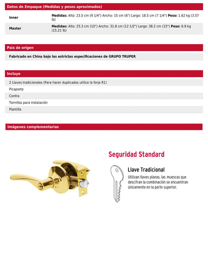 Cerradura manija recámara de latón brillante con cilindro metálico