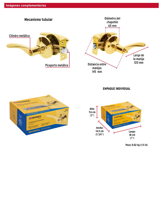 Cerradura manija recámara de latón brillante con cilindro metálico
