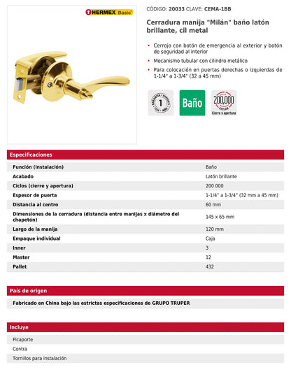 Cerradura manija baño de latón brillante con cilindro metálico