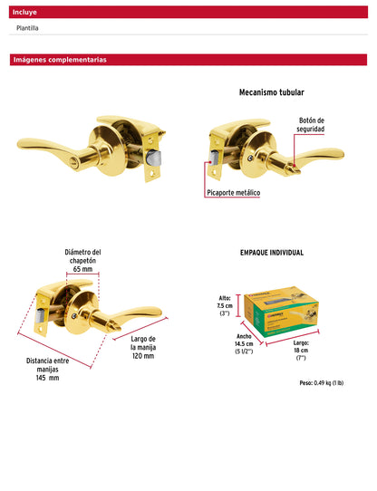 Cerradura manija baño de latón brillante con cilindro metálico