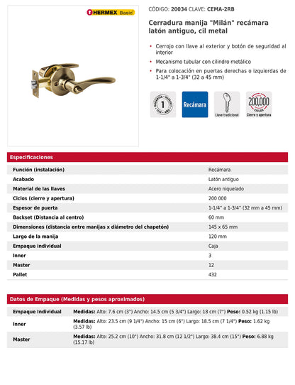 Cerradura manija recámara de latón antiguo con cilindro metálico