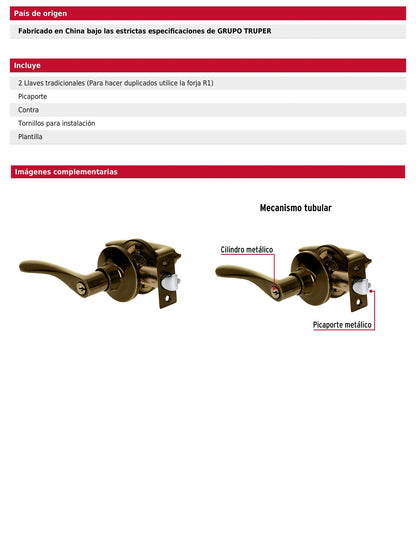 Cerradura manija recámara de latón antiguo con cilindro metálico
