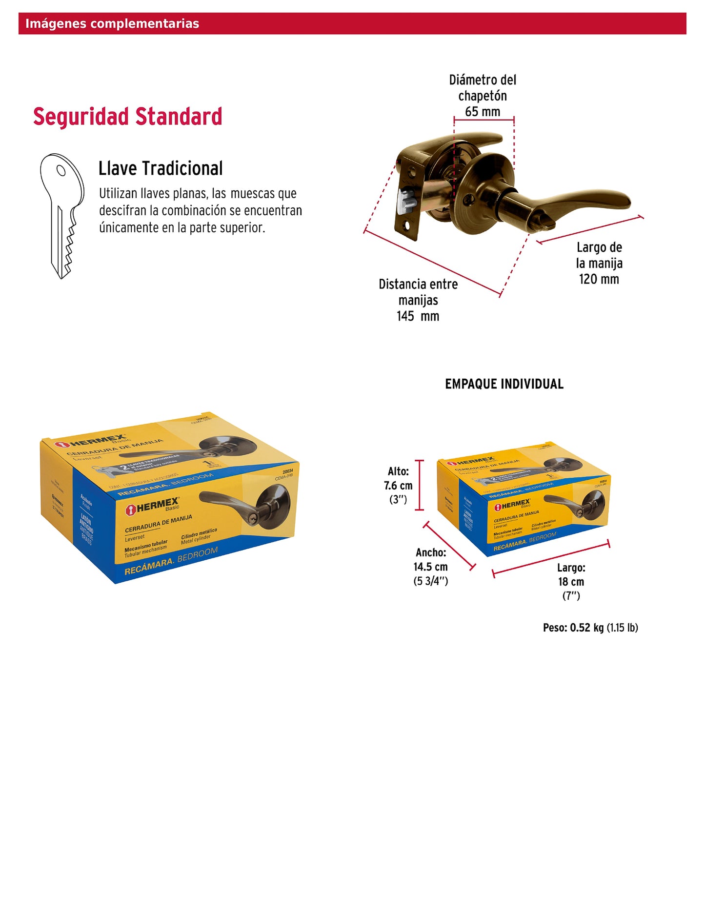 Cerradura manija recámara de latón antiguo con cilindro metálico