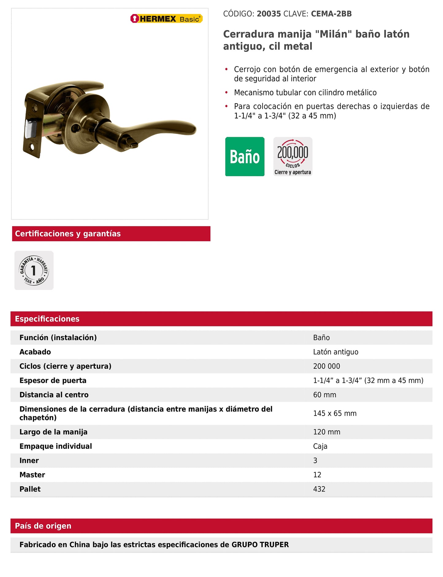 Cerradura manija baño de latón antiguo con cilindro metálico