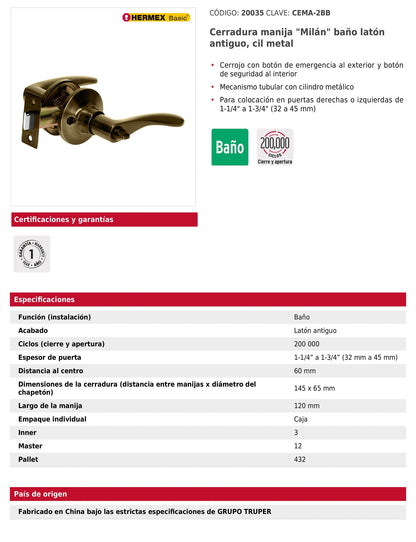 Cerradura manija baño de latón antiguo con cilindro metálico