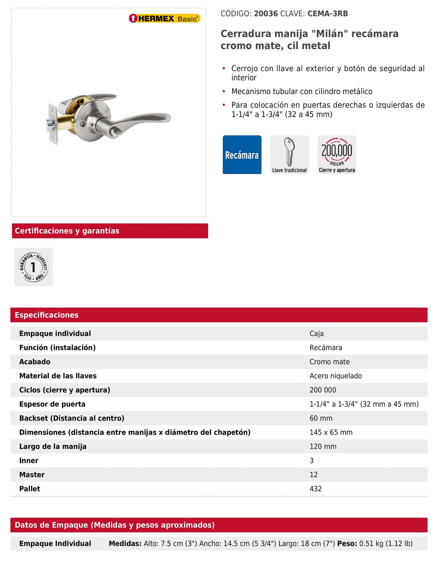 Cerradura manija recámara de cromo mate con cilindro metálico