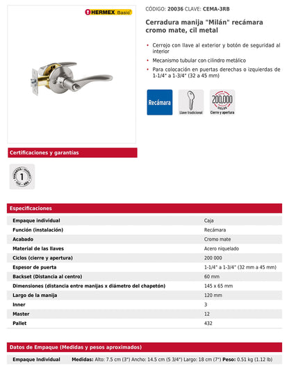 Cerradura manija recámara de cromo mate con cilindro metálico