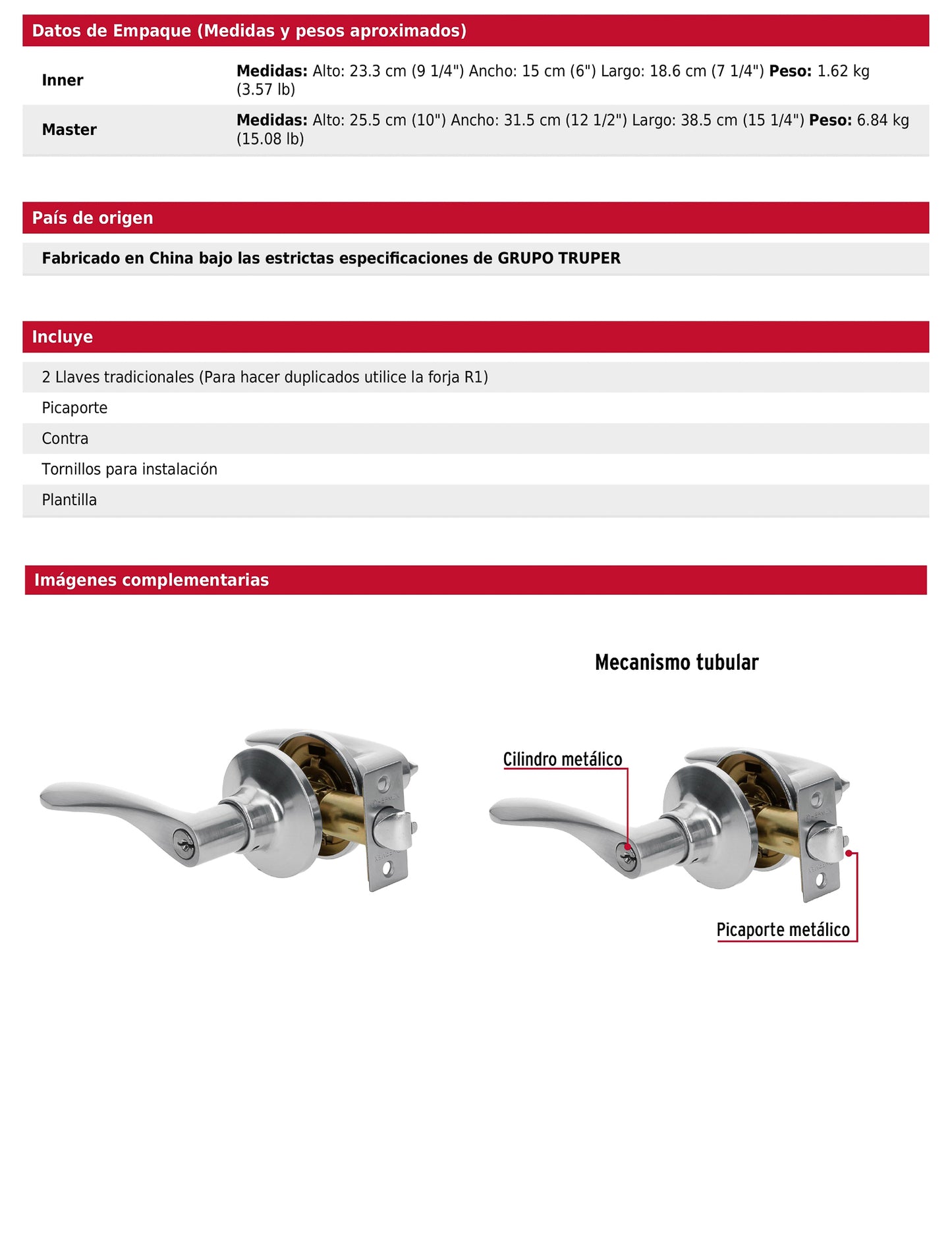 Cerradura manija recámara de cromo mate con cilindro metálico