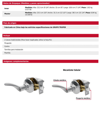 Cerradura manija recámara de cromo mate con cilindro metálico