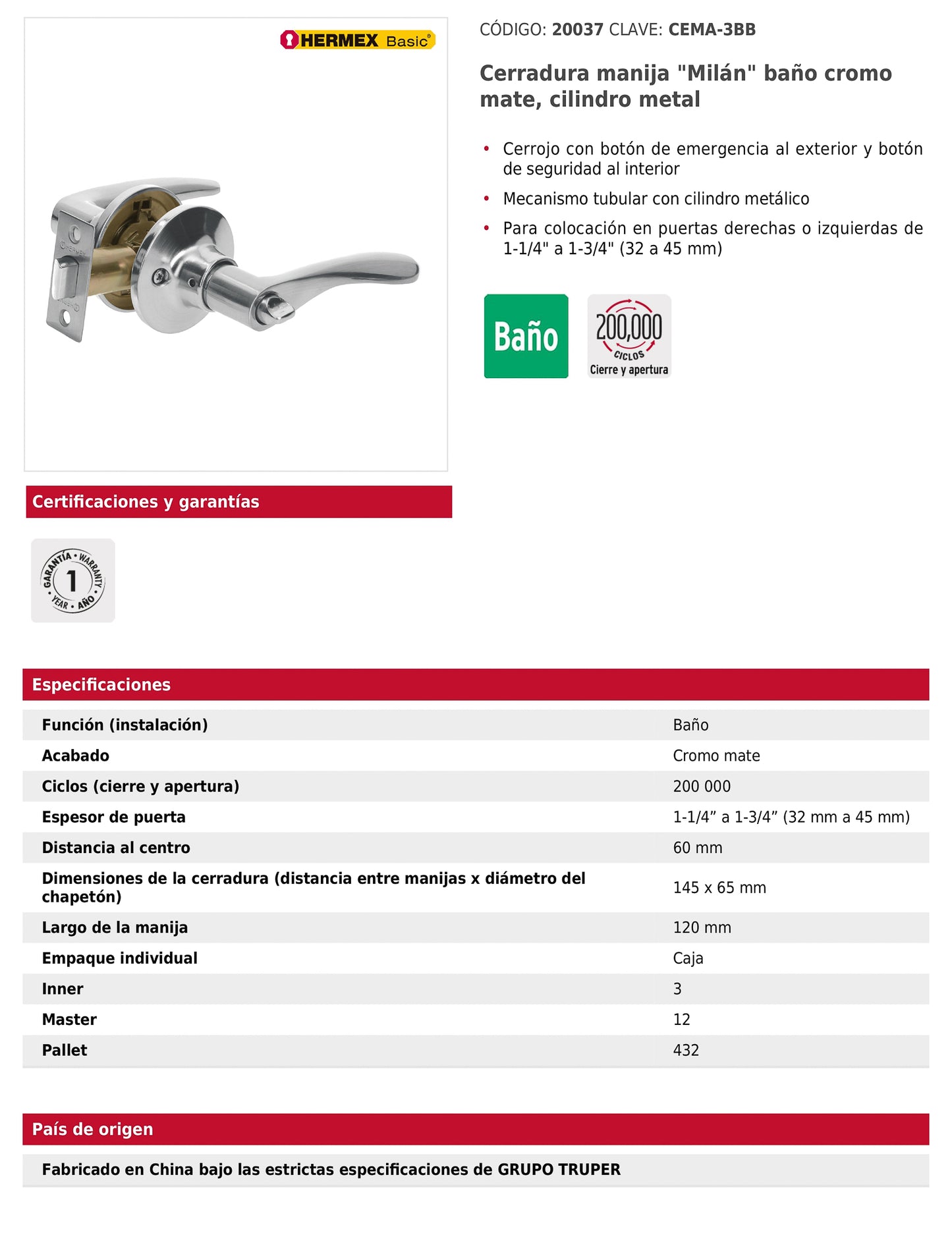 Cerradura manija baño de cromo mate con cilindro metálico