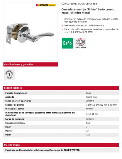 Cerradura manija baño de cromo mate con cilindro metálico
