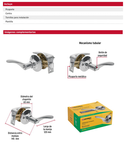 Cerradura manija baño de cromo mate con cilindro metálico