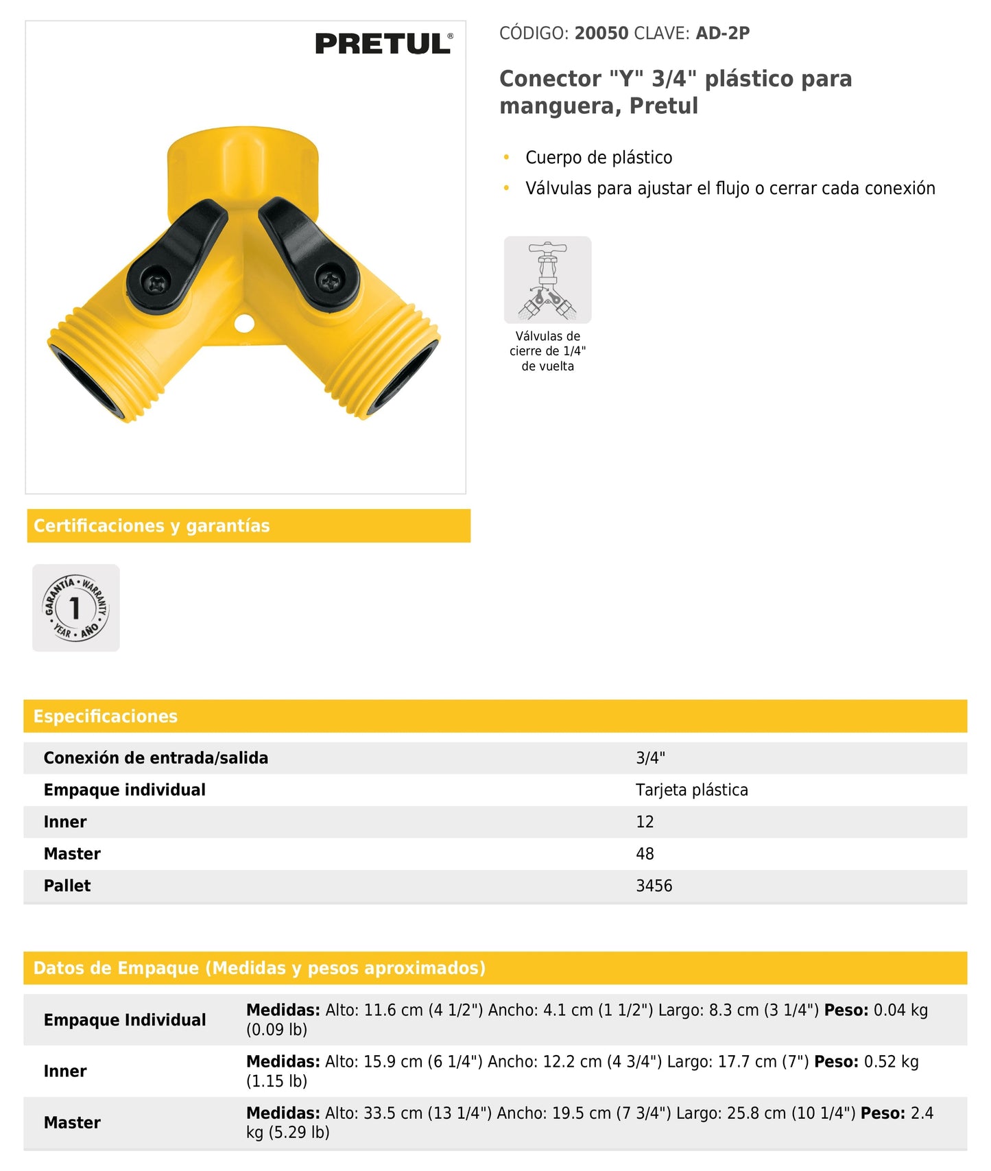 Conector en “Y” plástico de 3/4" para manguera