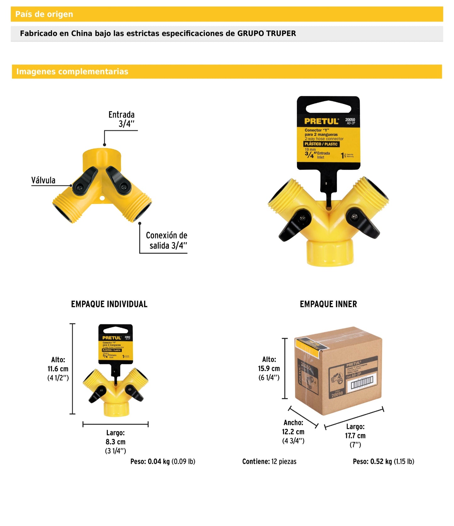 Conector en “Y” plástico de 3/4" para manguera