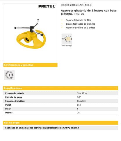 Aspersor giratorio de 3 brazos con base plástica