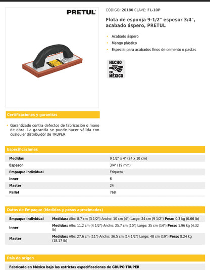Flota de esponja de 9-1/2 pulgadas con acabado áspero y espesor de 3/4"