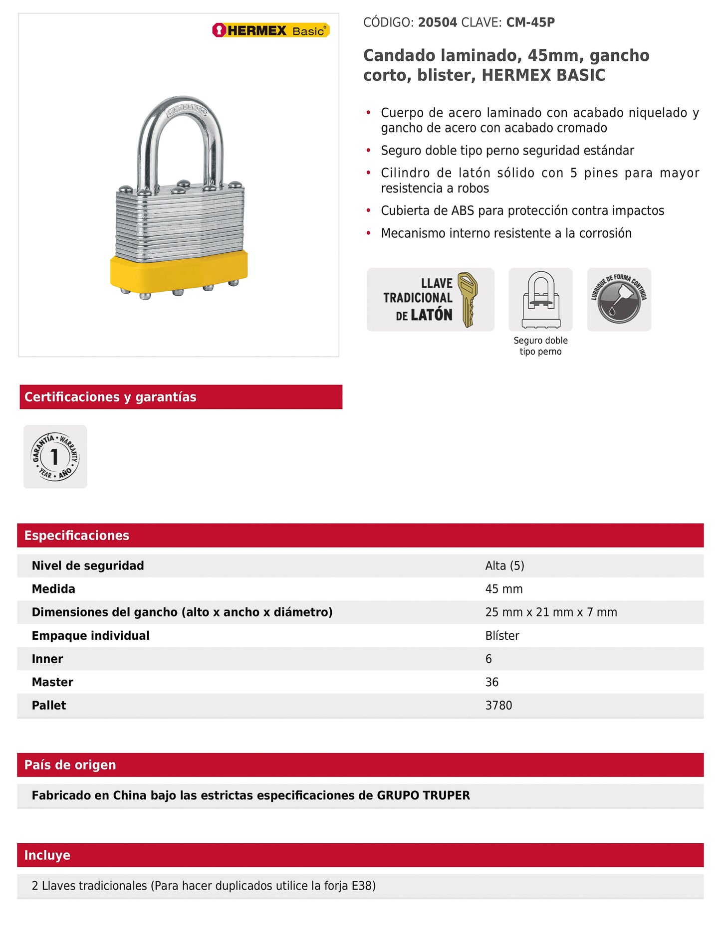 Candado laminado 45 mm gancho corto