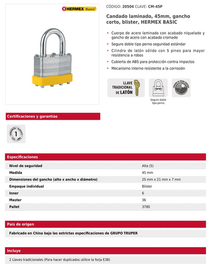 Candado laminado 45 mm gancho corto