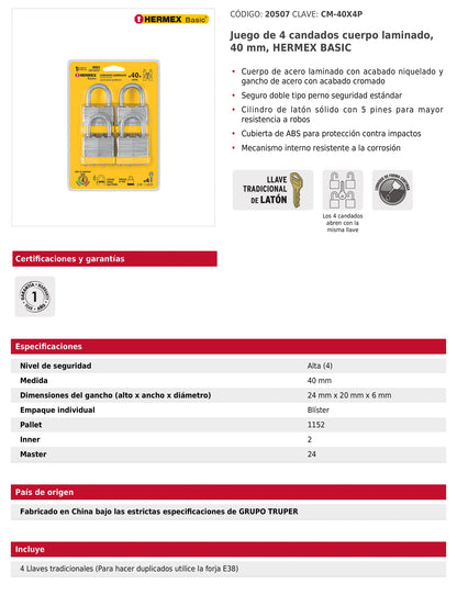 Juego de 4 candados cuerpo laminado 50 mm