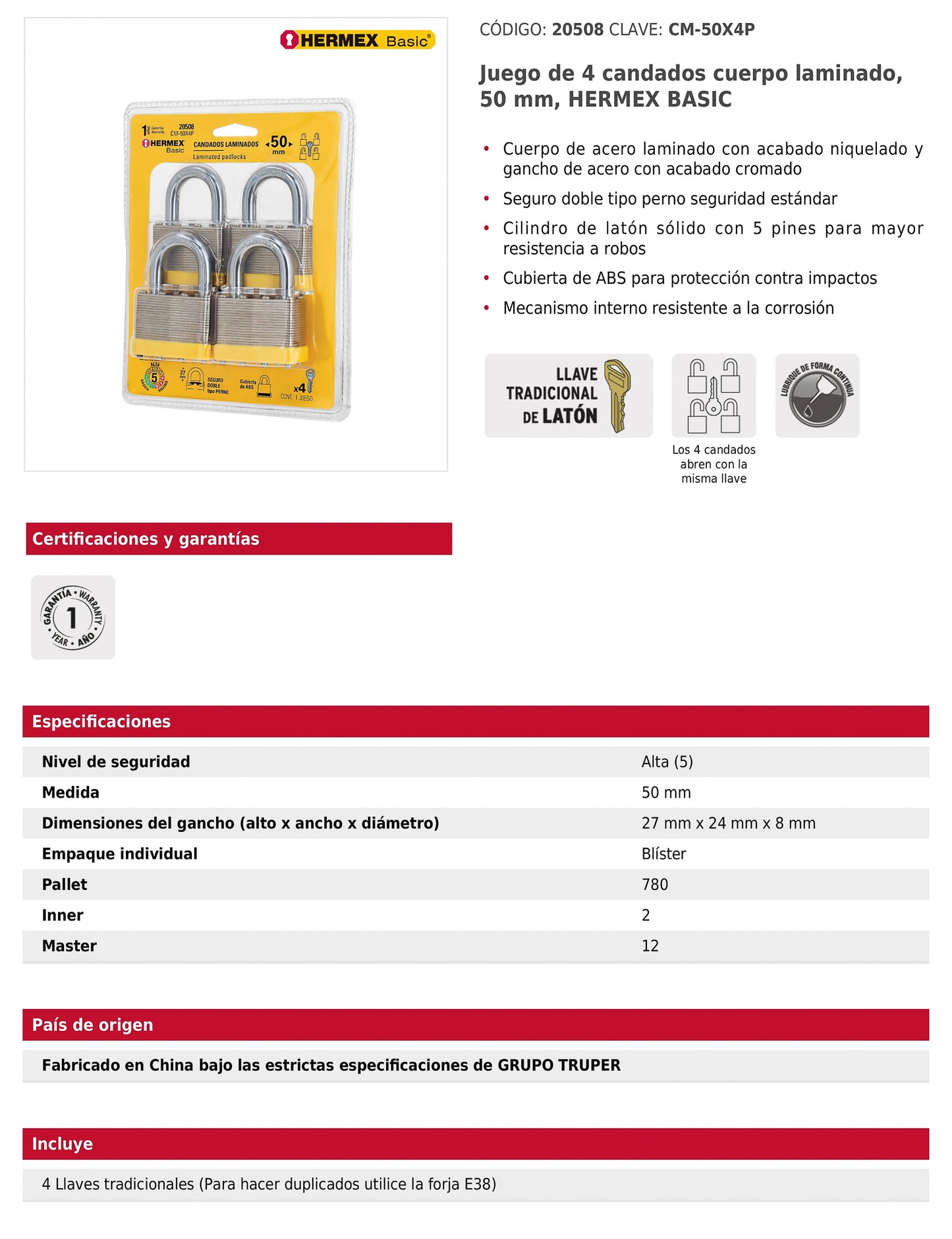 Juego de 4 candados cuerpo laminado 50 mm