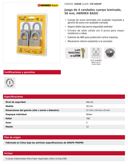 Juego de 4 candados cuerpo laminado 50 mm
