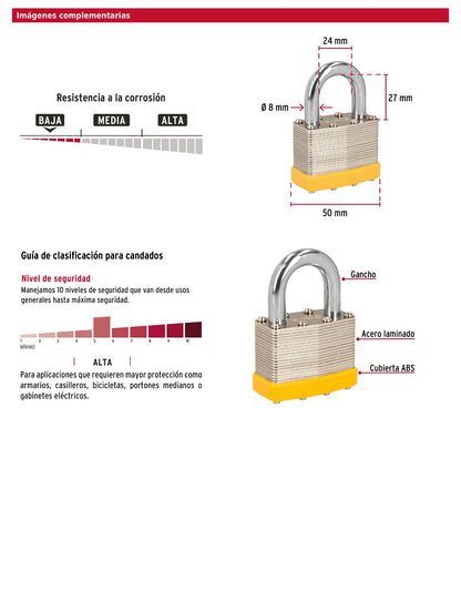 Juego de 4 candados cuerpo laminado 50 mm