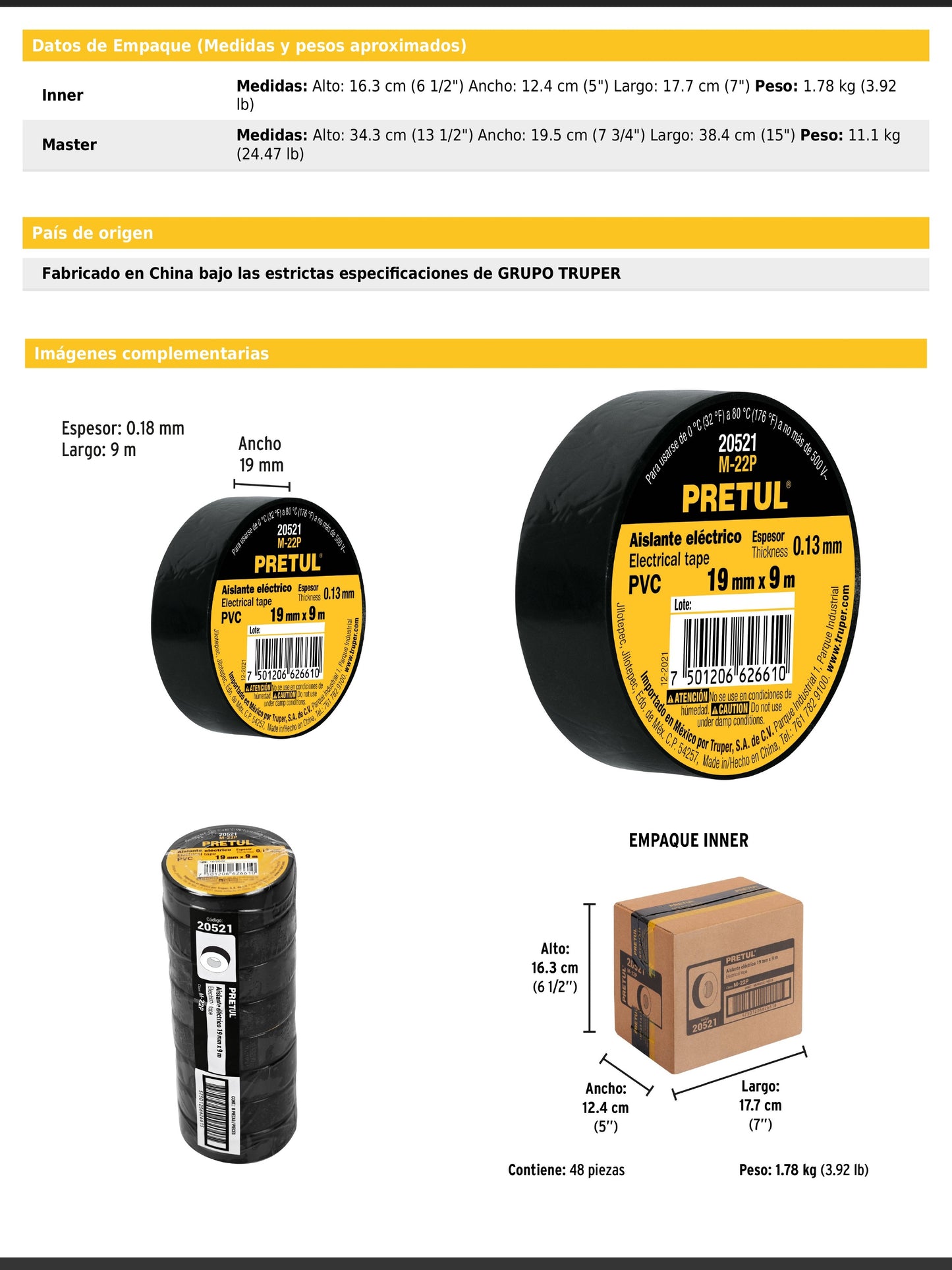 Cinta de aislar de 9 m x 19 mm negra