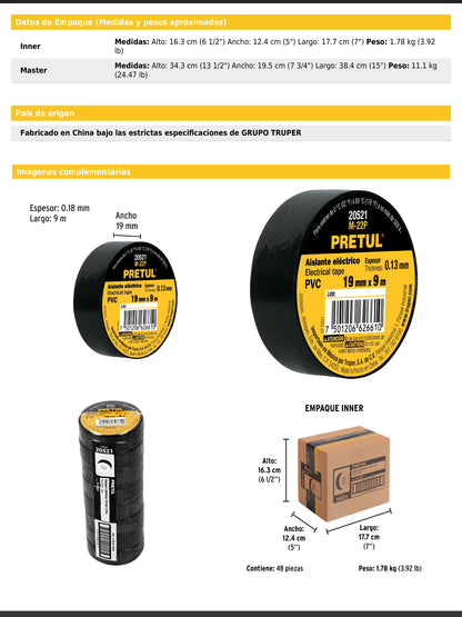 Cinta de aislar de 9 m x 19 mm negra