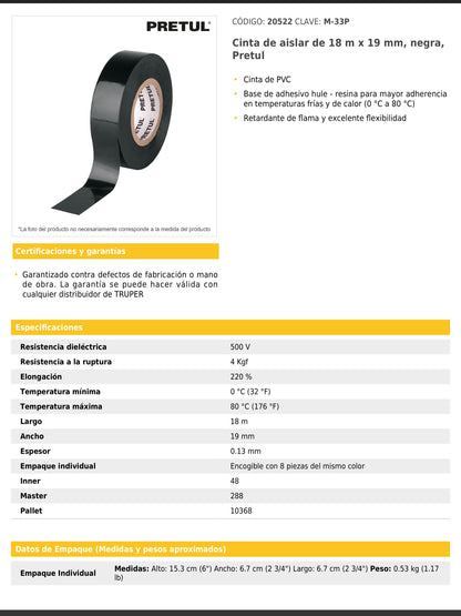 Cinta de aislar de 18 m x 19 mm negra