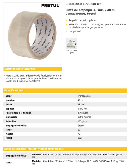 Cinta de empaque 48 mm x 40 m transparente