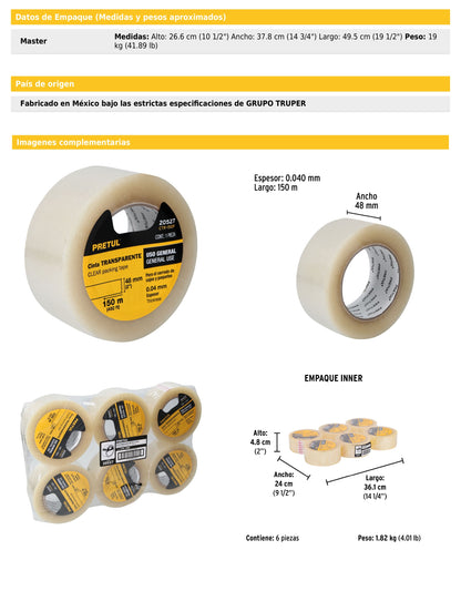 Cinta de empaque 48 mm x 150 m transparente