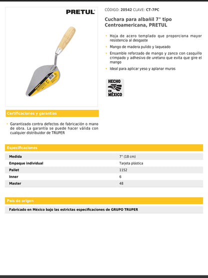 Cuchara para albañil de 7 pulgadas tipo Centroamericana